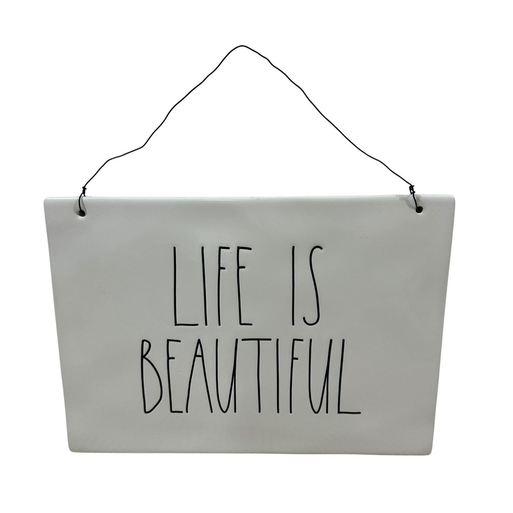 Rae Dunn Life is Beautiful Ceramic Hanging Wall Plaque Sign White Black 9x6.5